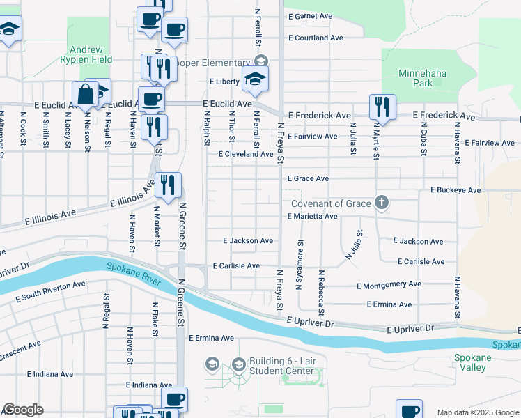 map of restaurants, bars, coffee shops, grocery stores, and more near 3507 East Marietta Avenue in Spokane