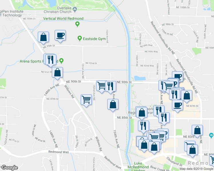 map of restaurants, bars, coffee shops, grocery stores, and more near 15375 Northeast 90th Street in Redmond