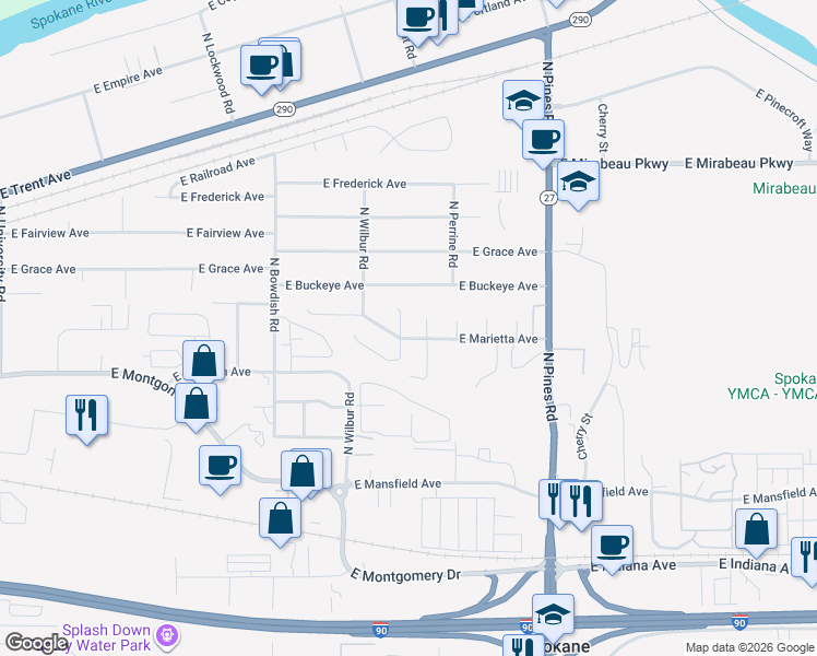 map of restaurants, bars, coffee shops, grocery stores, and more near 2706 North Fox Road in Spokane Valley