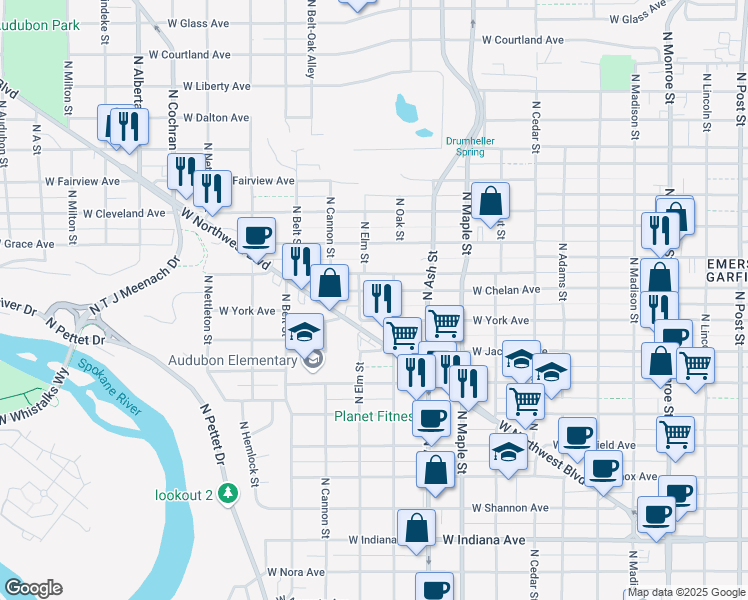 map of restaurants, bars, coffee shops, grocery stores, and more near 1817 West Chelan Avenue in Spokane