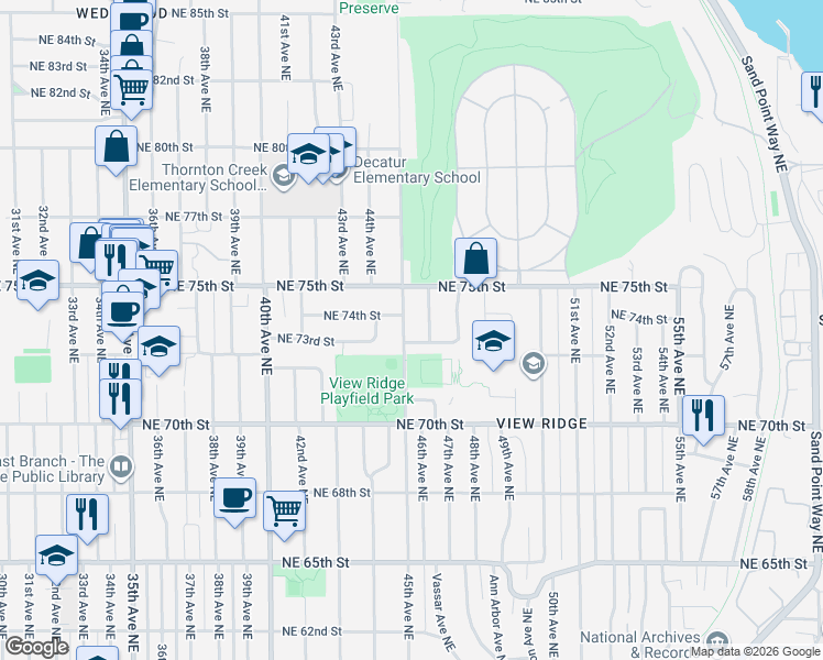 map of restaurants, bars, coffee shops, grocery stores, and more near 7317 45th Avenue Northeast in Seattle