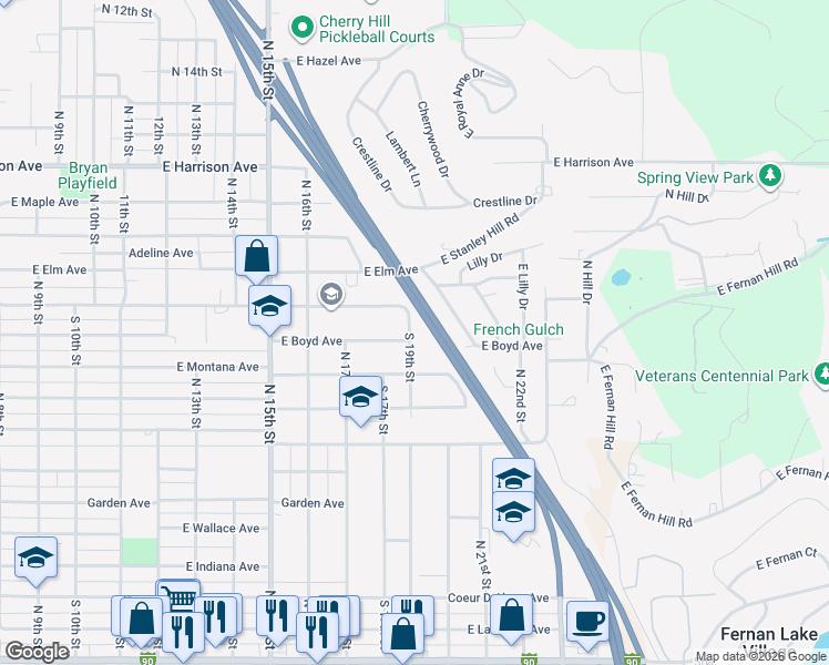 map of restaurants, bars, coffee shops, grocery stores, and more near 1004 North 19th Street in Coeur d'Alene