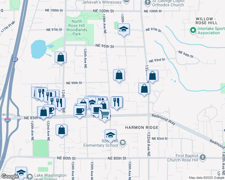 map of restaurants, bars, coffee shops, grocery stores, and more near 12806 Northeast 88th Street in Kirkland