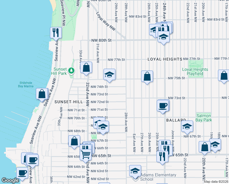 map of restaurants, bars, coffee shops, grocery stores, and more near 2836 Northwest 73rd Street in Seattle