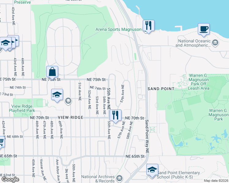 map of restaurants, bars, coffee shops, grocery stores, and more near 7321 56th Avenue Northeast in Seattle