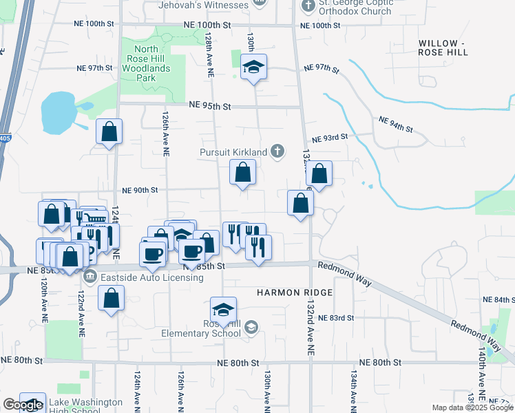 map of restaurants, bars, coffee shops, grocery stores, and more near 12930 Northeast 88th Street in Kirkland