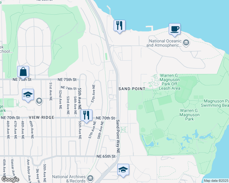 map of restaurants, bars, coffee shops, grocery stores, and more near 7323 Sand Point Way Northeast in Seattle