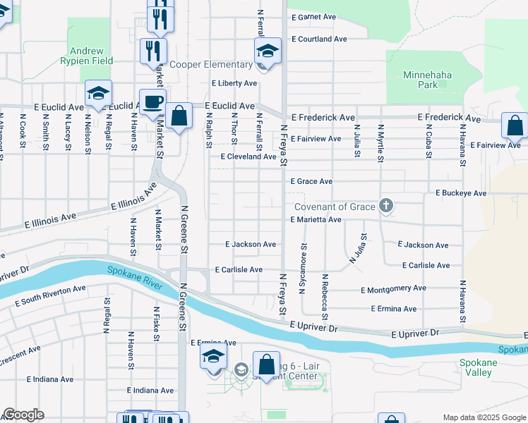 map of restaurants, bars, coffee shops, grocery stores, and more near 3507 East Marietta Avenue in Spokane