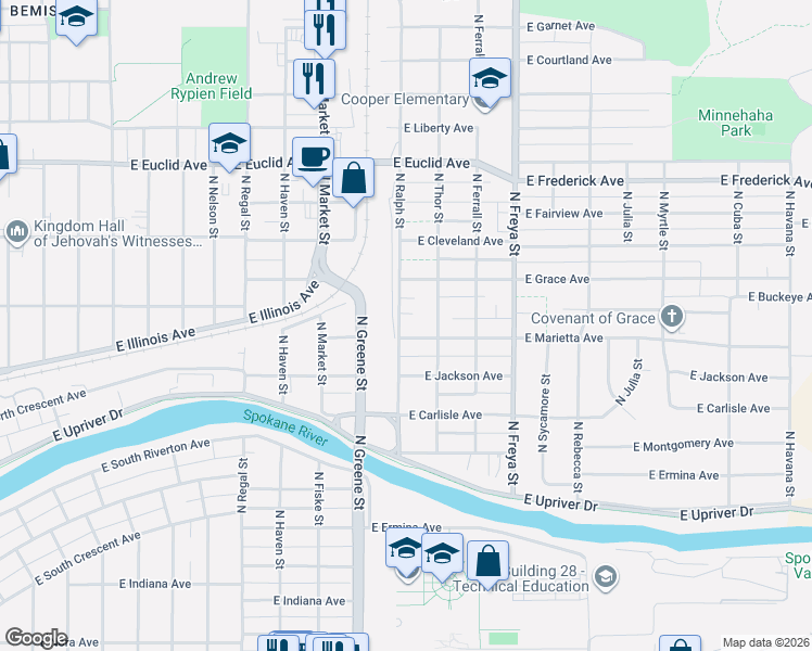 map of restaurants, bars, coffee shops, grocery stores, and more near 3307 East Marietta Avenue in Spokane