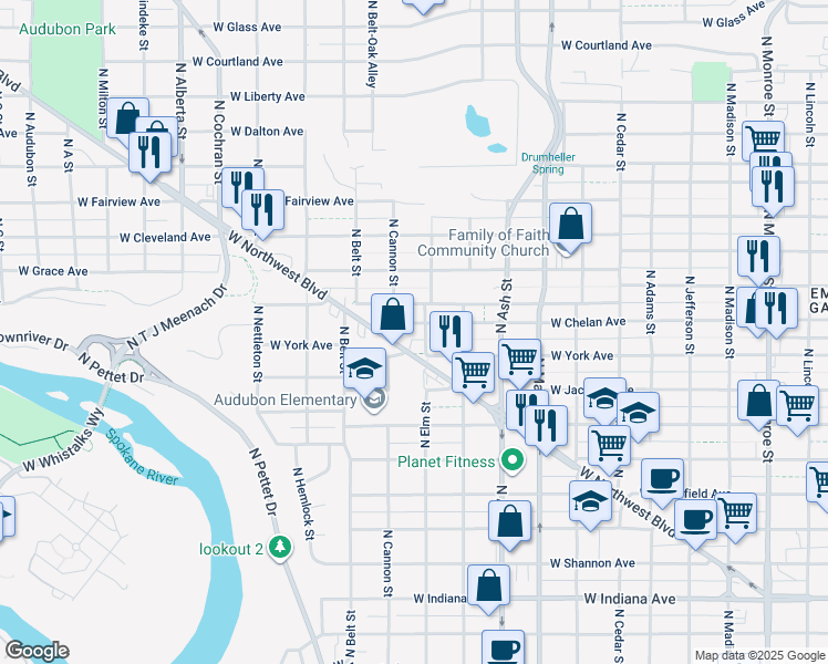 map of restaurants, bars, coffee shops, grocery stores, and more near 1917 West Chelan Avenue in Spokane