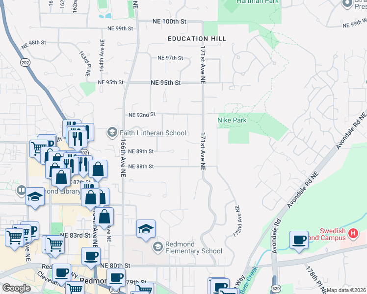 map of restaurants, bars, coffee shops, grocery stores, and more near 17004 Northeast 88th Street in Redmond