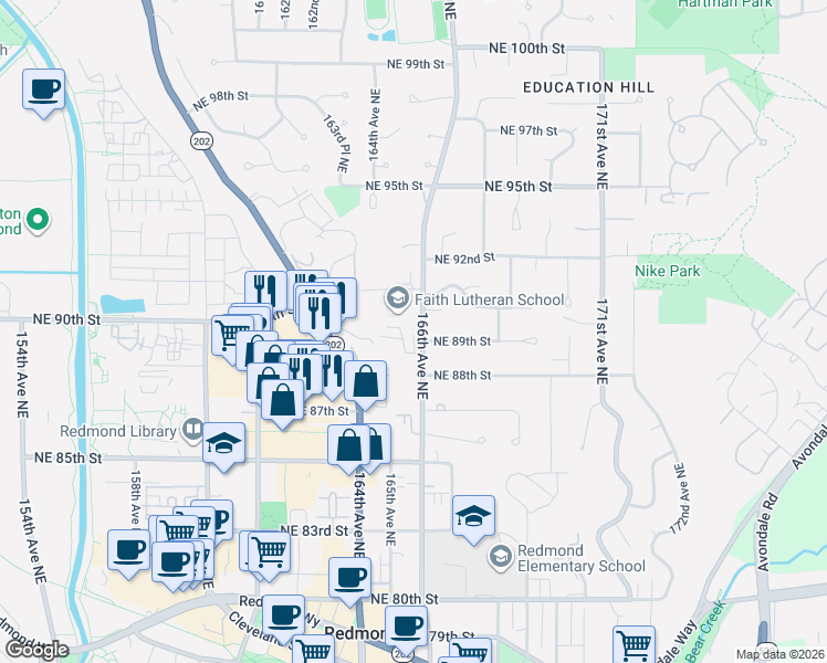 map of restaurants, bars, coffee shops, grocery stores, and more near 8921 166th Avenue Northeast in Redmond
