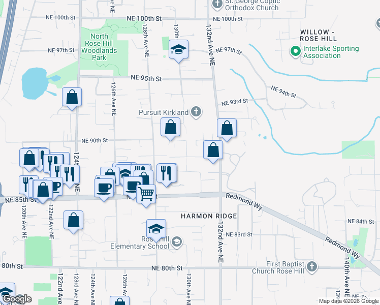 map of restaurants, bars, coffee shops, grocery stores, and more near 13014 Northeast 88th Street in Kirkland