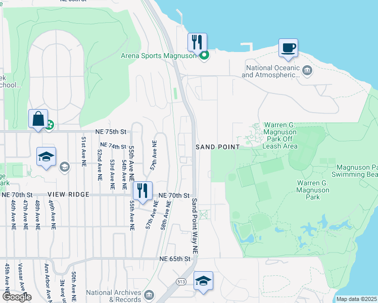 map of restaurants, bars, coffee shops, grocery stores, and more near 7400 Sand Point Way Northeast in Seattle