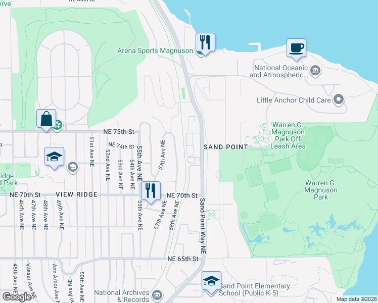 map of restaurants, bars, coffee shops, grocery stores, and more near 7309 Sand Point Way Northeast in Seattle