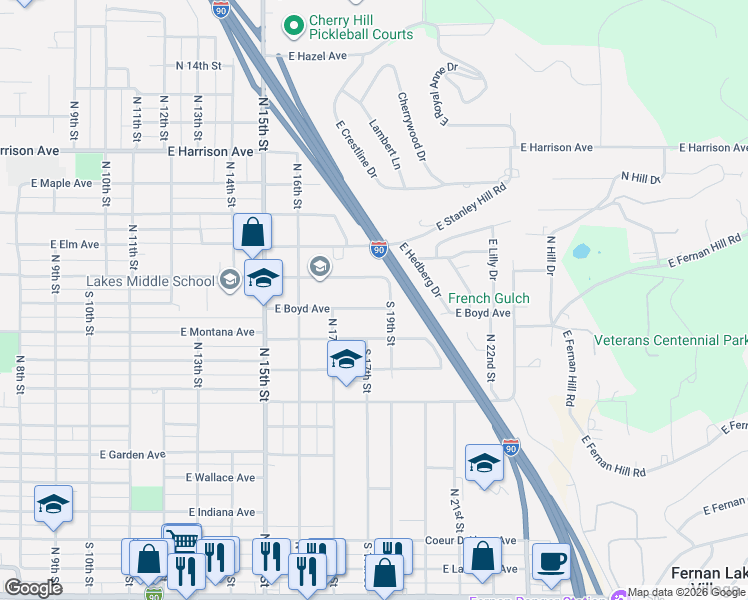 map of restaurants, bars, coffee shops, grocery stores, and more near 1809 East Boyd Avenue in Coeur d'Alene