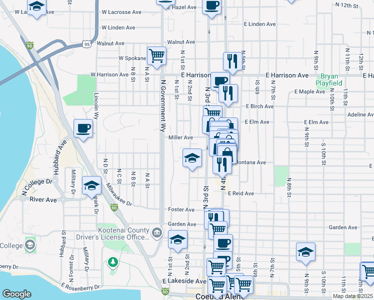 map of restaurants, bars, coffee shops, grocery stores, and more near 901 North 2nd Street in Coeur d'Alene