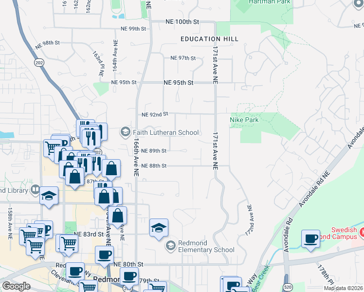 map of restaurants, bars, coffee shops, grocery stores, and more near 16822 NE 89th St in Redmond