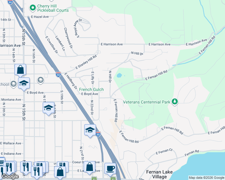 map of restaurants, bars, coffee shops, grocery stores, and more near 2535 East French Gulch Road in Coeur d'Alene
