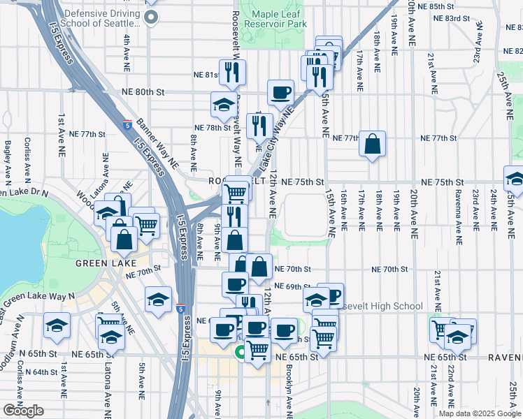 map of restaurants, bars, coffee shops, grocery stores, and more near 7310 11th Avenue Northeast in Seattle