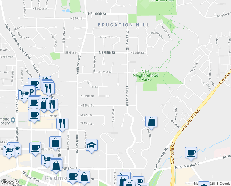 map of restaurants, bars, coffee shops, grocery stores, and more near 8941 170th Court Northeast in Redmond