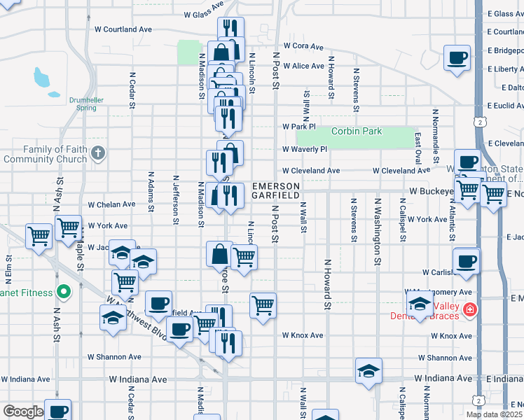 map of restaurants, bars, coffee shops, grocery stores, and more near 817 West Chelan Avenue in Spokane