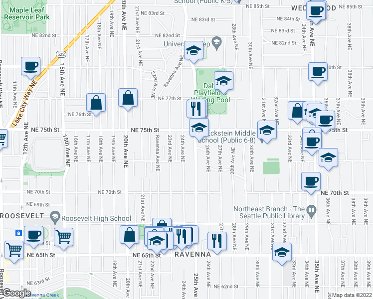 map of restaurants, bars, coffee shops, grocery stores, and more near 7322 24th Avenue Northeast in Seattle
