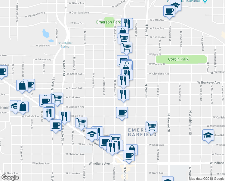 map of restaurants, bars, coffee shops, grocery stores, and more near 1103 West Chelan Avenue in Spokane