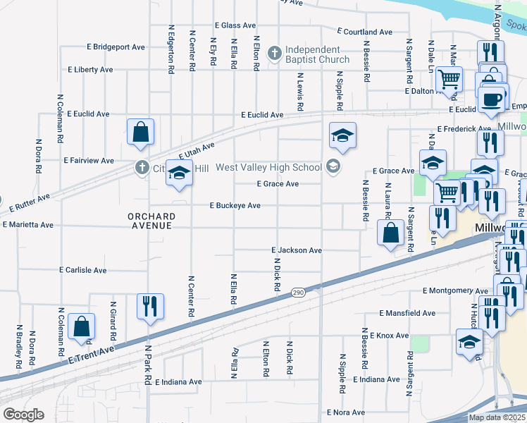 map of restaurants, bars, coffee shops, grocery stores, and more near 8008 East Buckeye Avenue in Spokane Valley