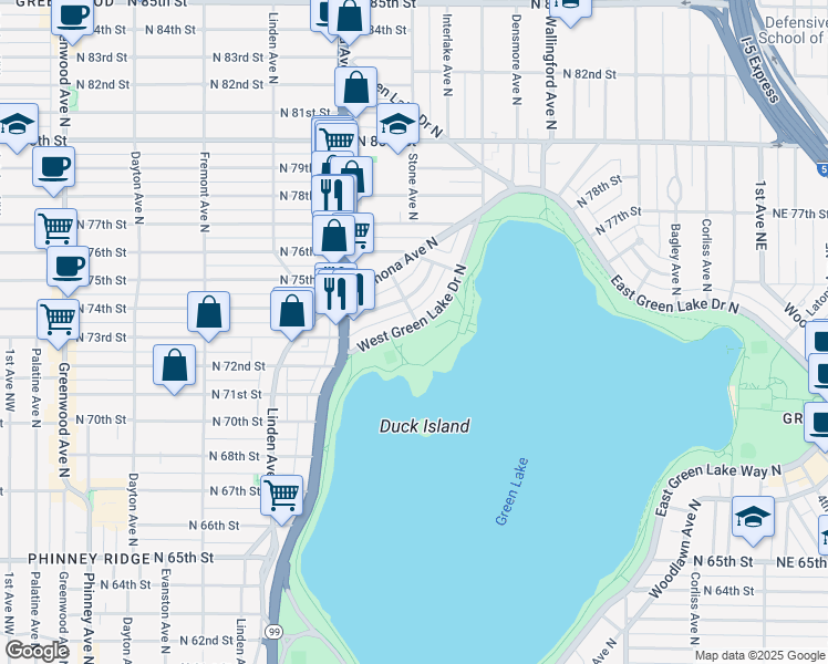 map of restaurants, bars, coffee shops, grocery stores, and more near 7272 West Green Lake Drive North in Seattle