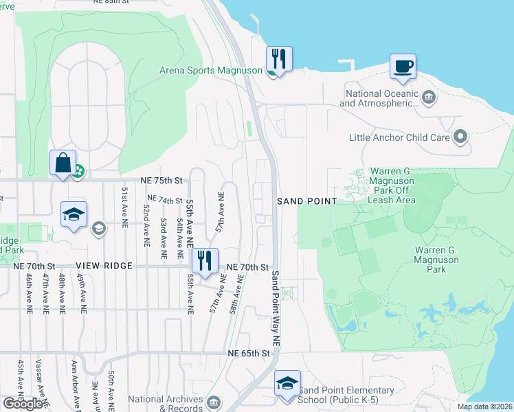 map of restaurants, bars, coffee shops, grocery stores, and more near 7309 Sand Point Way Northeast in Seattle