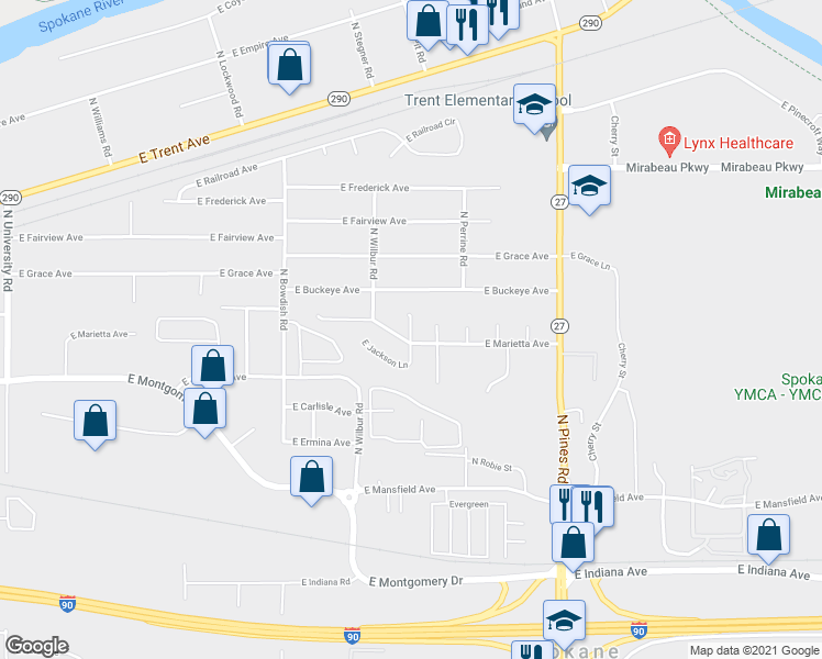 map of restaurants, bars, coffee shops, grocery stores, and more near 2710 North Fox Road in Spokane Valley