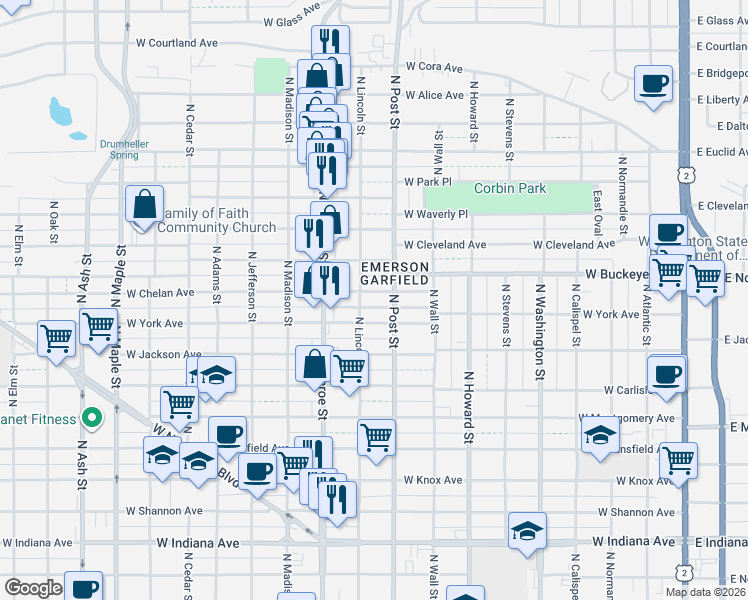 map of restaurants, bars, coffee shops, grocery stores, and more near 817 West Chelan Avenue in Spokane