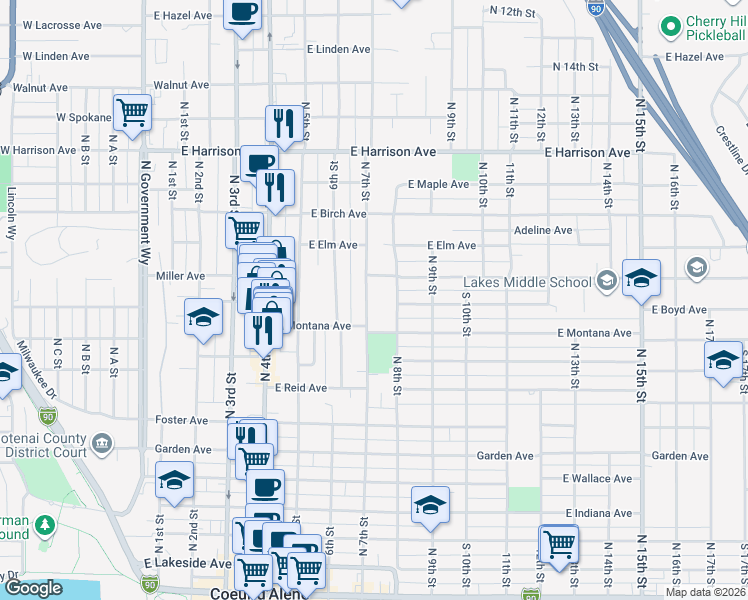 map of restaurants, bars, coffee shops, grocery stores, and more near 920 North 7th Street in Coeur d'Alene