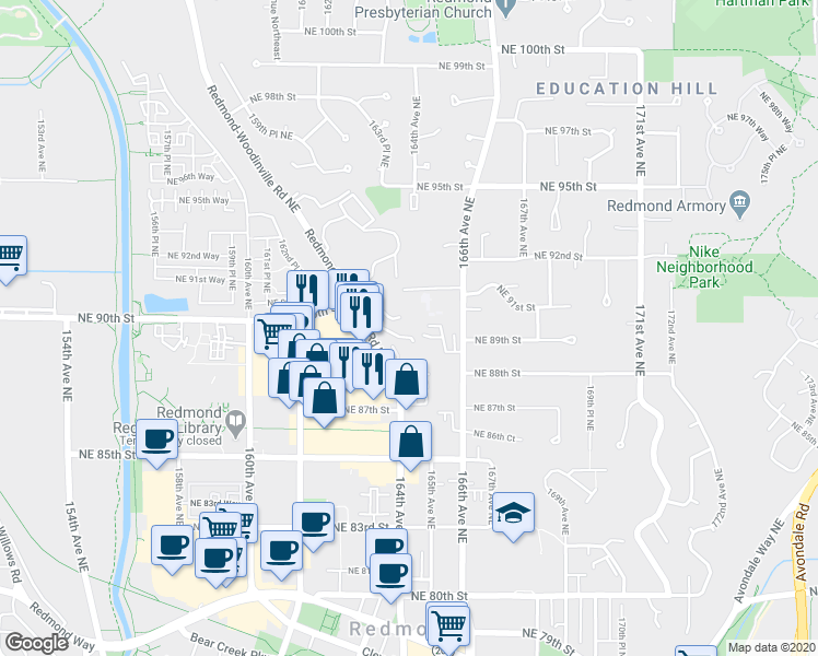 map of restaurants, bars, coffee shops, grocery stores, and more near 8742 164th Avenue Northeast in Redmond