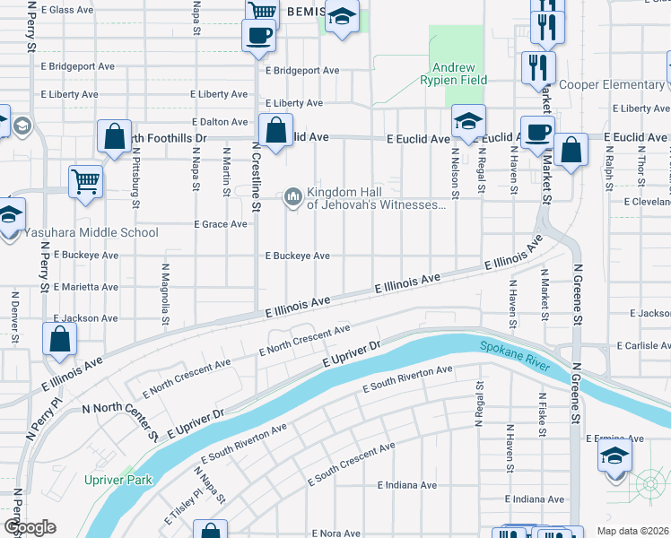 map of restaurants, bars, coffee shops, grocery stores, and more near 2617 North Altamont Street in Spokane