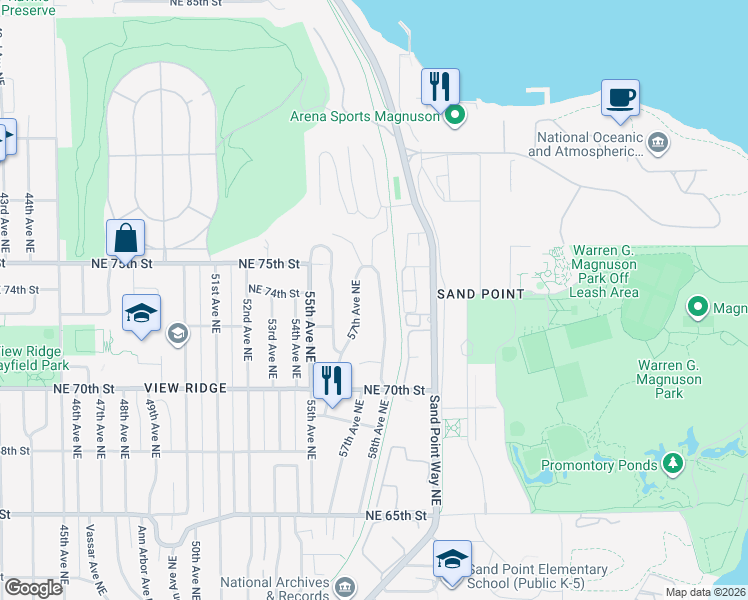 map of restaurants, bars, coffee shops, grocery stores, and more near 7327 58th Avenue Northeast in Seattle