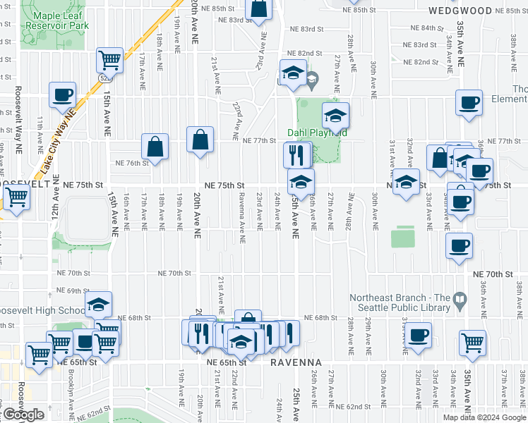 map of restaurants, bars, coffee shops, grocery stores, and more near 7322 23rd Avenue Northeast in Seattle