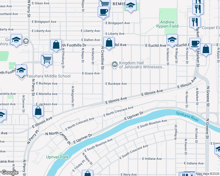 map of restaurants, bars, coffee shops, grocery stores, and more near 2619 North Lee Street in Spokane