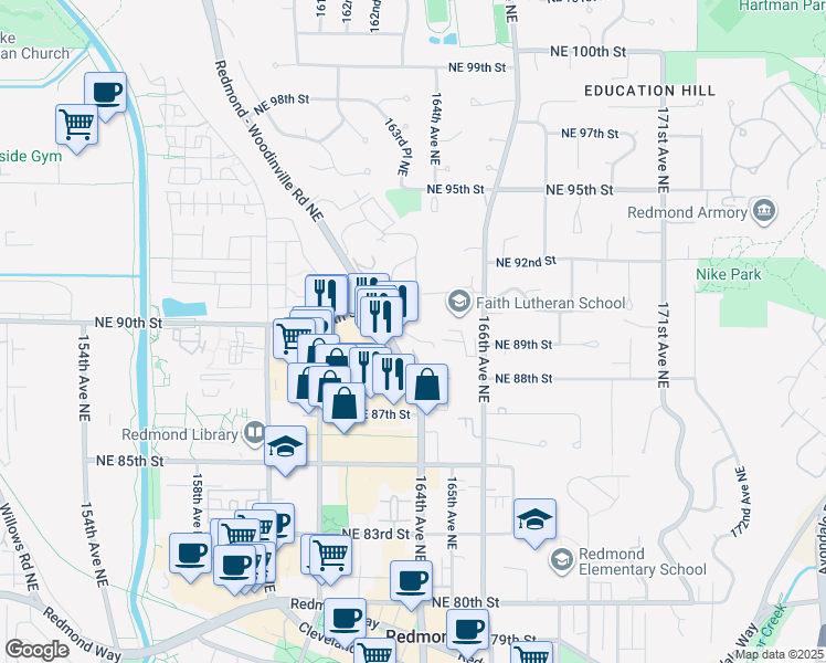 map of restaurants, bars, coffee shops, grocery stores, and more near 8980 Woodinville-Redmond Road Northeast in Redmond