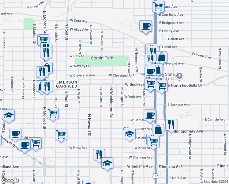 map of restaurants, bars, coffee shops, grocery stores, and more near 2614 North Washington Street in Spokane