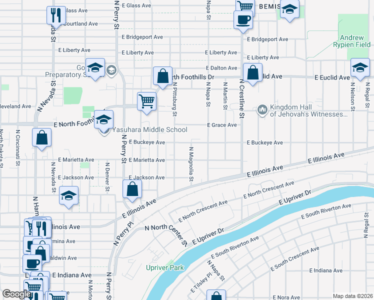 map of restaurants, bars, coffee shops, grocery stores, and more near 2617 North Magnolia Street in Spokane