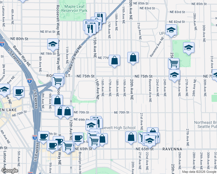 map of restaurants, bars, coffee shops, grocery stores, and more near 7325 17th Avenue Northeast in Seattle