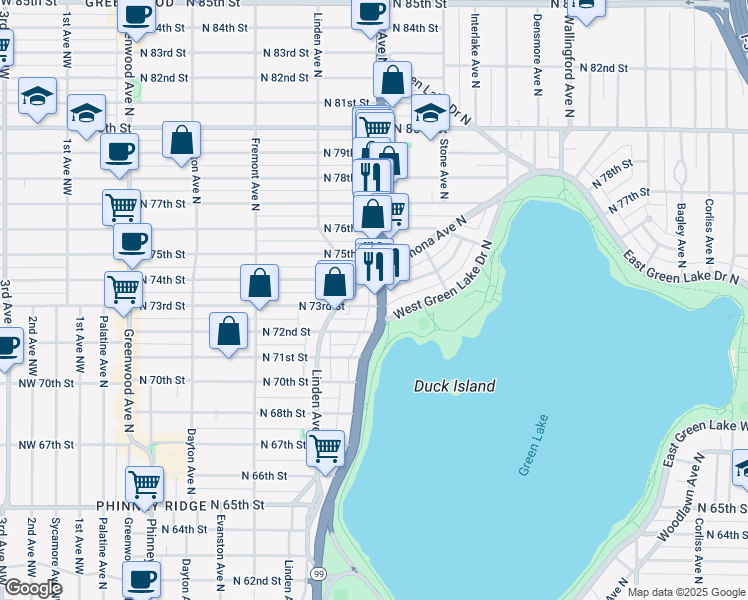 map of restaurants, bars, coffee shops, grocery stores, and more near 7301 Highway 99 in Seattle