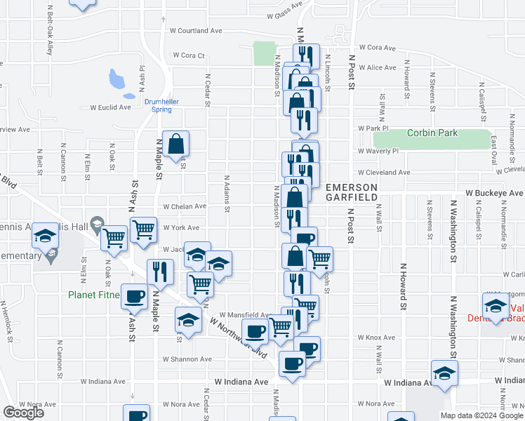 map of restaurants, bars, coffee shops, grocery stores, and more near 1117 West Chelan Avenue in Spokane