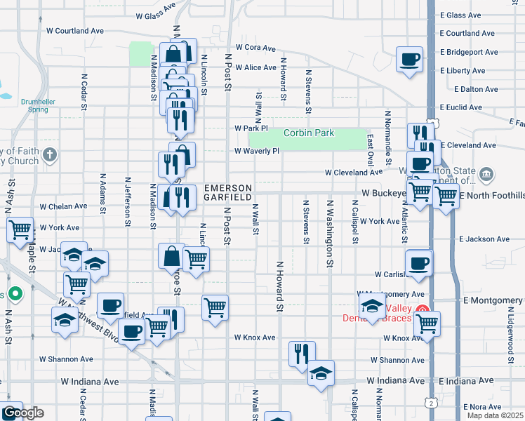 map of restaurants, bars, coffee shops, grocery stores, and more near 2614 North Wall Street in Spokane