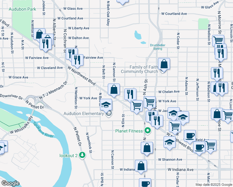 map of restaurants, bars, coffee shops, grocery stores, and more near 1917 West Chelan Avenue in Spokane