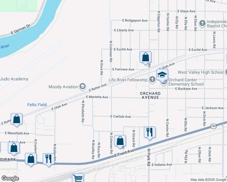 map of restaurants, bars, coffee shops, grocery stores, and more near 2720 North Coleman Road in Spokane Valley