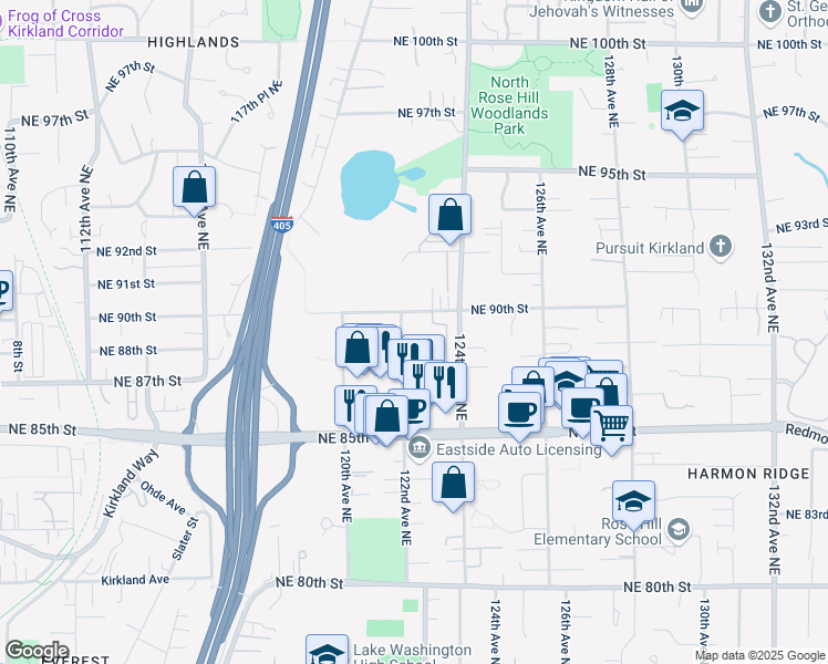 map of restaurants, bars, coffee shops, grocery stores, and more near 8914 122nd Avenue Northeast in Kirkland