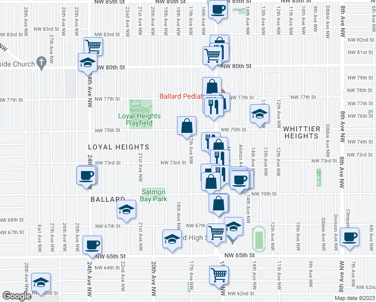 map of restaurants, bars, coffee shops, grocery stores, and more near 7319 17th Avenue Northwest in Seattle